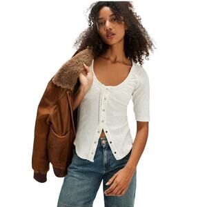 Free People Button Daisy Tee Medium White Womens